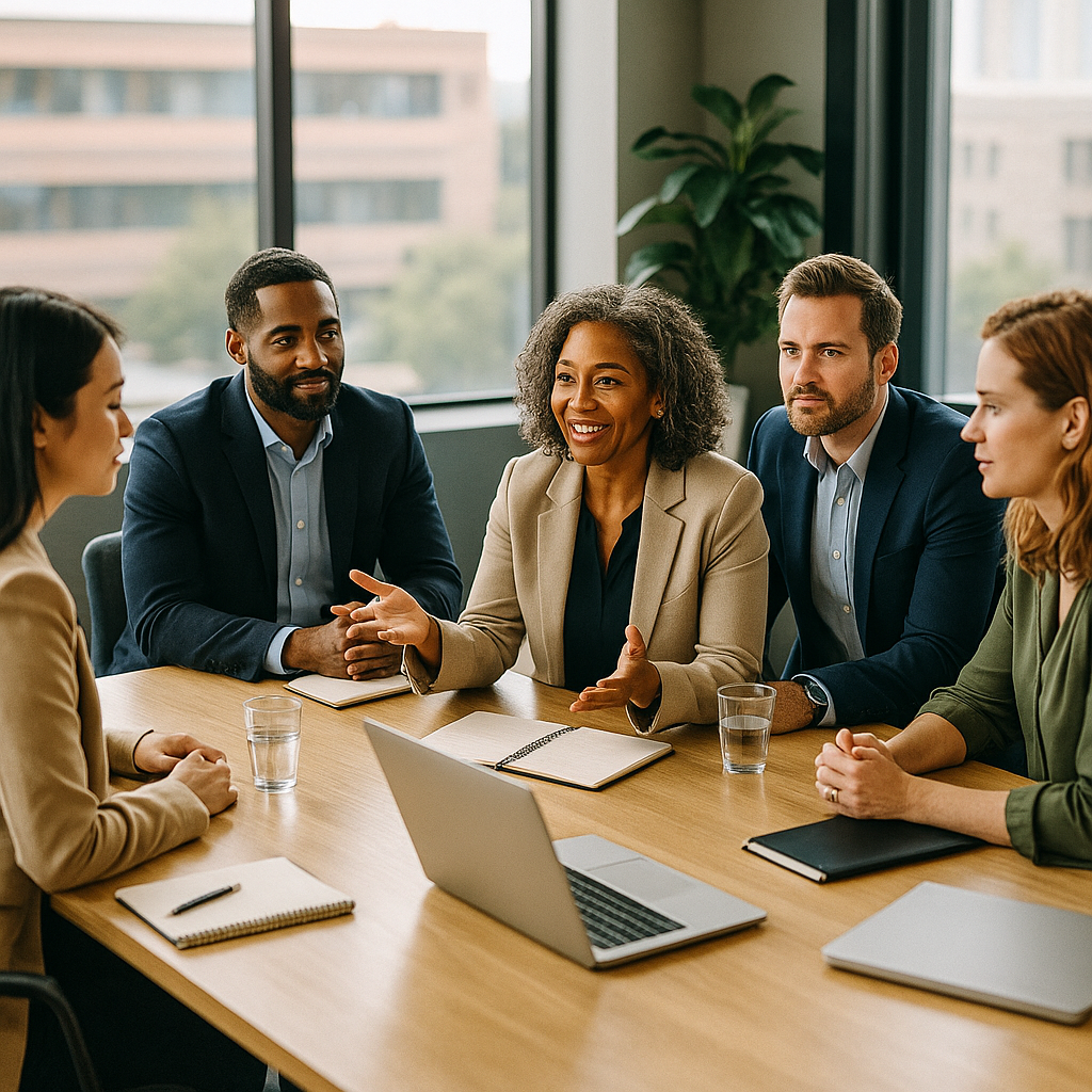 Réunion professionnelle autour d'une table en bois